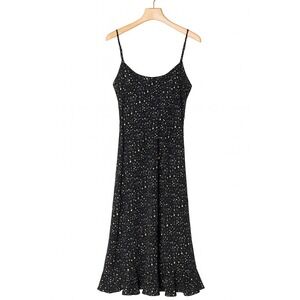 Y2K‎ Vintage L&S Womens sz M Black Floral Polkadot Lace Up VNeck Midi Dress 90s